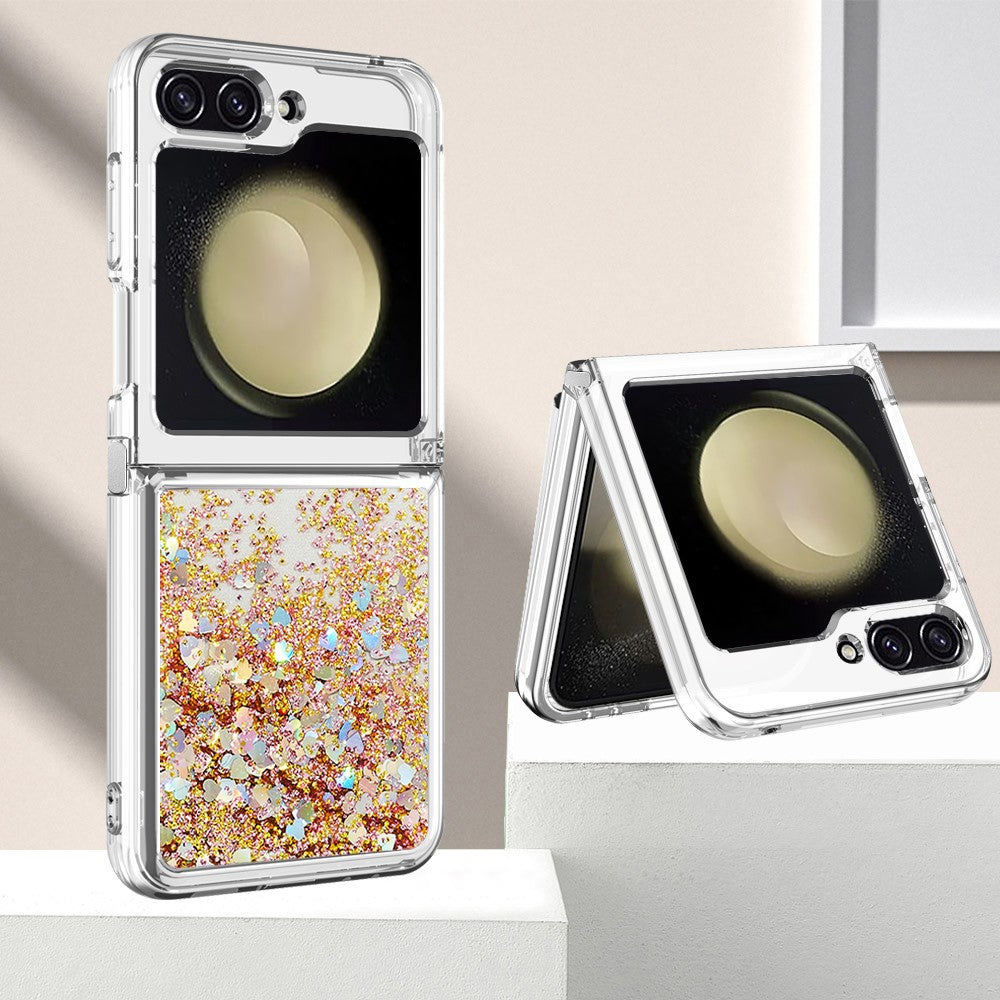 For Samsung Galaxy Z Flip7 FE 5G / Z Flip6 5G TPU Case Glitter Quicksand Shockproof Phone Back Cover - Gold / Hearts