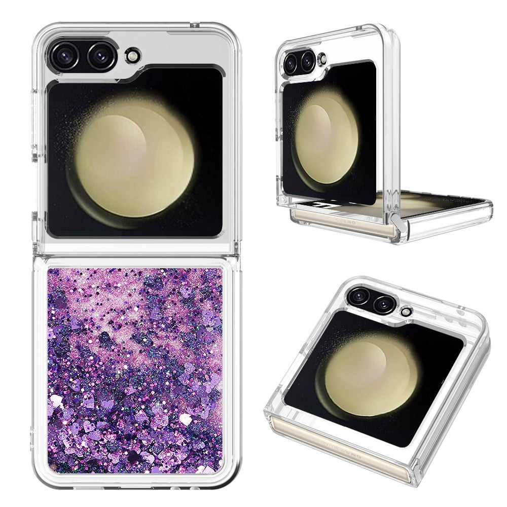 For Samsung Galaxy Z Flip7 FE 5G / Z Flip6 5G TPU Case Glitter Quicksand Shockproof Phone Back Cover - Dark Purple / Hearts