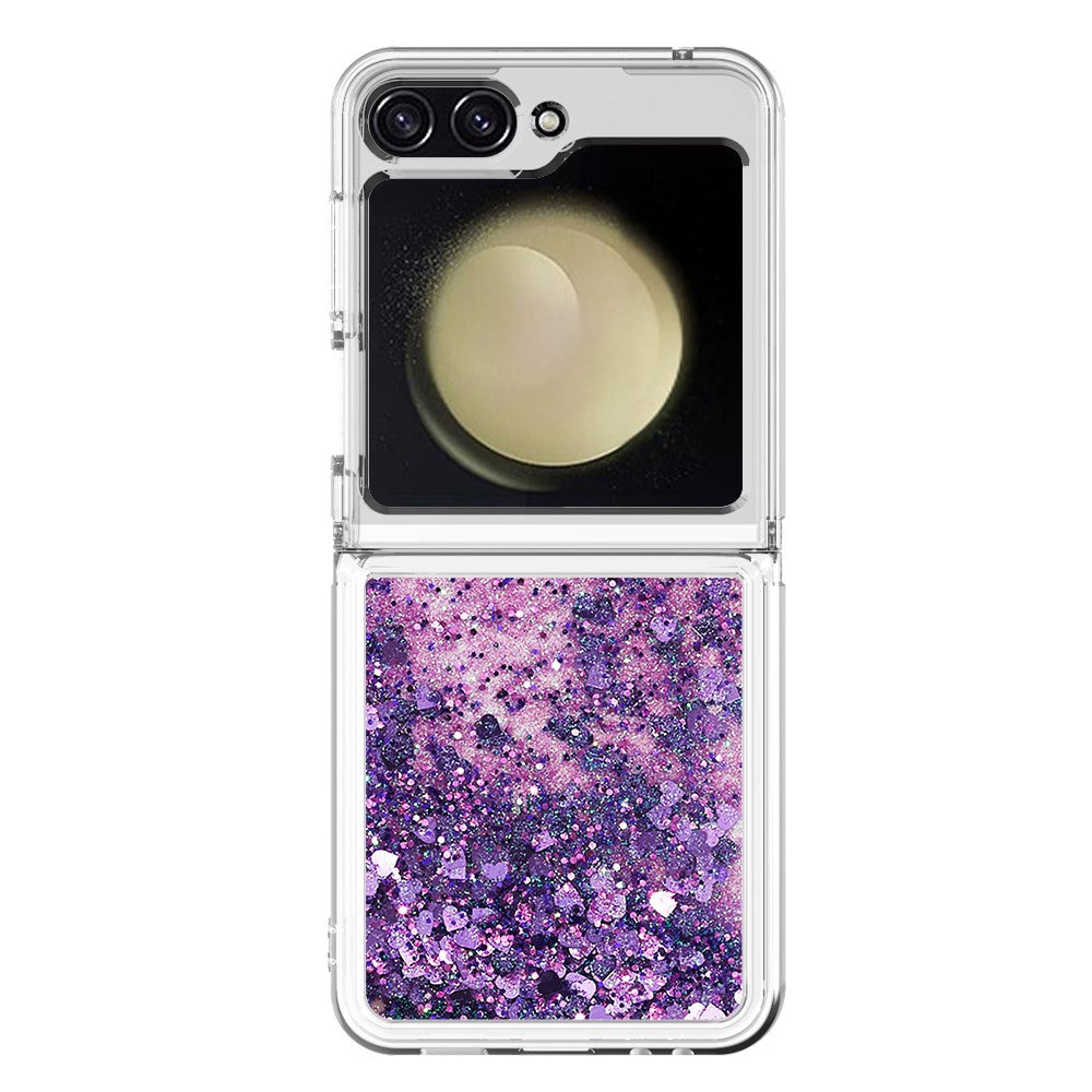 For Samsung Galaxy Z Flip7 FE 5G / Z Flip6 5G TPU Case Glitter Quicksand Shockproof Phone Back Cover - Dark Purple / Hearts