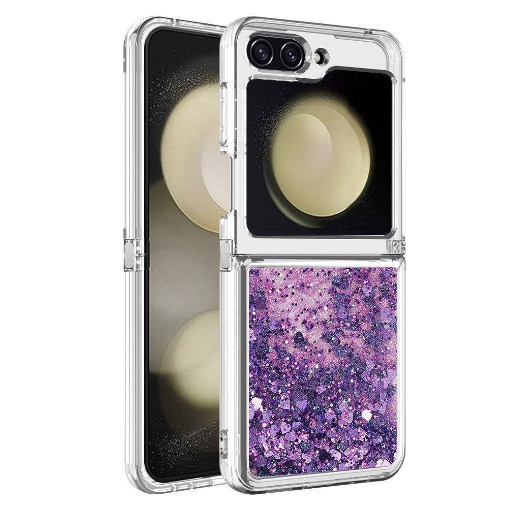 For Samsung Galaxy Z Flip7 FE 5G / Z Flip6 5G TPU Case Glitter Quicksand Shockproof Phone Back Cover - Dark Purple / Hearts