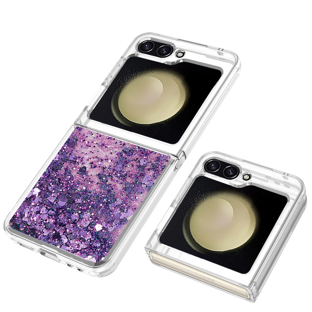 For Samsung Galaxy Z Flip7 FE 5G / Z Flip6 5G TPU Case Glitter Quicksand Shockproof Phone Back Cover - Dark Purple / Hearts