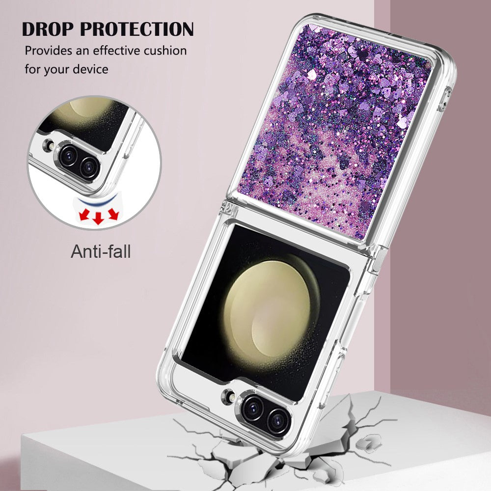 For Samsung Galaxy Z Flip7 FE 5G / Z Flip6 5G TPU Case Glitter Quicksand Shockproof Phone Back Cover - Dark Purple / Hearts
