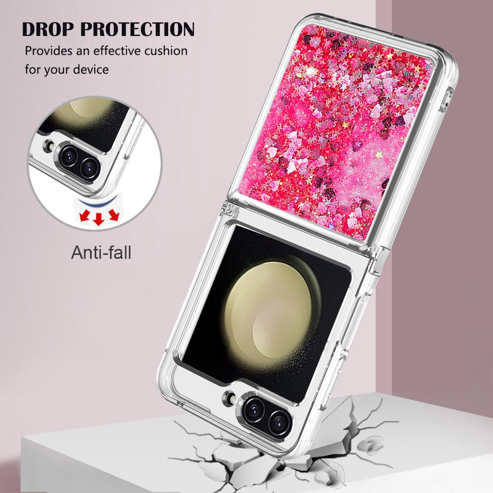 For Samsung Galaxy Z Flip7 FE 5G / Z Flip6 5G TPU Case Glitter Quicksand Shockproof Phone Back Cover - Pink / Hearts