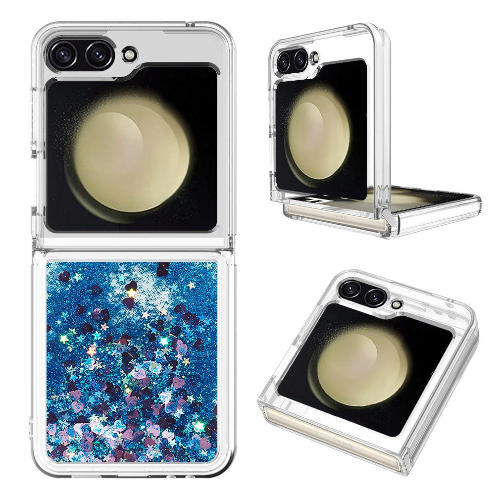 For Samsung Galaxy Z Flip7 FE 5G / Z Flip6 5G TPU Case Glitter Quicksand Shockproof Phone Back Cover - Blue / Hearts