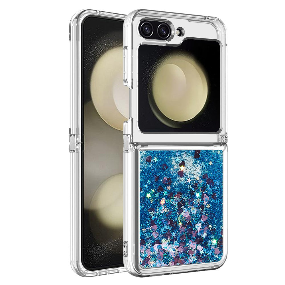 For Samsung Galaxy Z Flip7 FE 5G / Z Flip6 5G TPU Case Glitter Quicksand Shockproof Phone Back Cover - Blue / Hearts