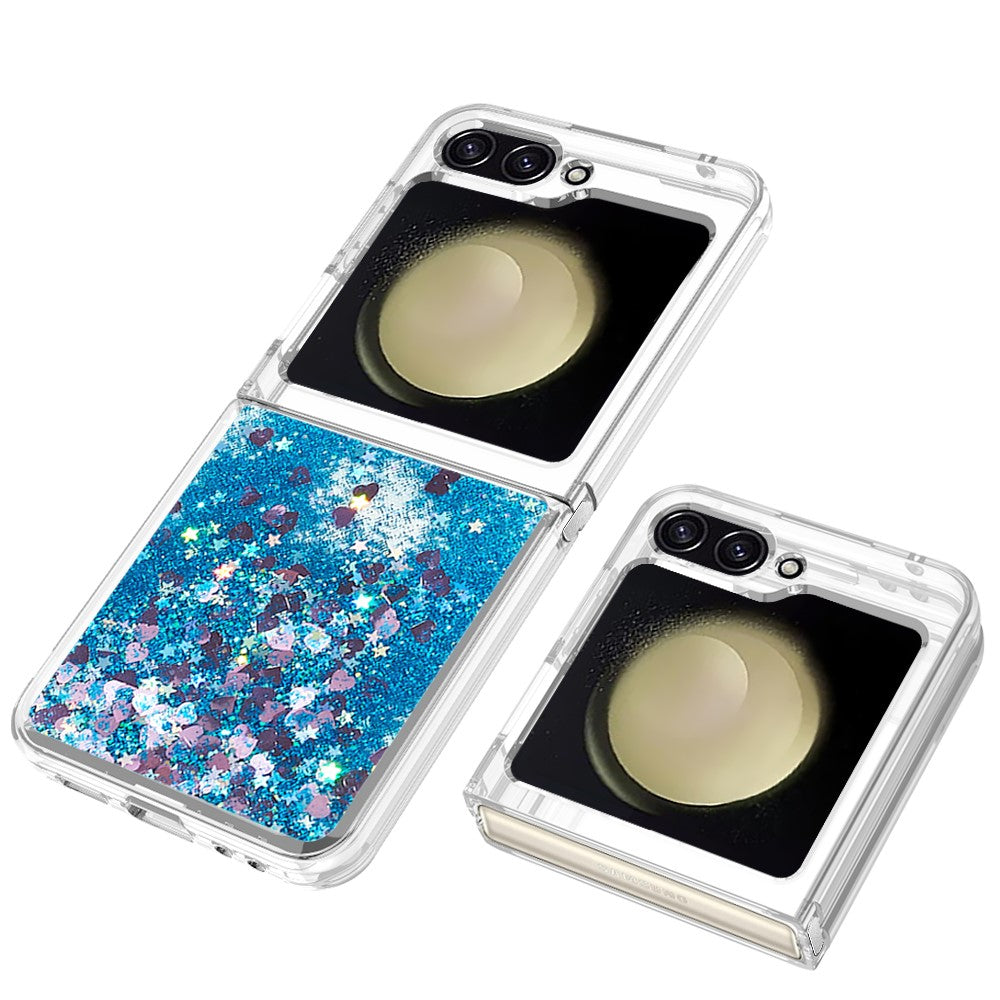 For Samsung Galaxy Z Flip7 FE 5G / Z Flip6 5G TPU Case Glitter Quicksand Shockproof Phone Back Cover - Blue / Hearts