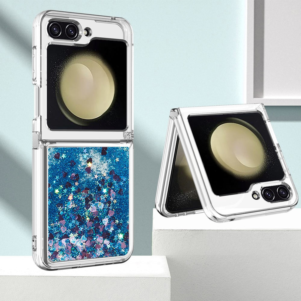 For Samsung Galaxy Z Flip7 FE 5G / Z Flip6 5G TPU Case Glitter Quicksand Shockproof Phone Back Cover - Blue / Hearts