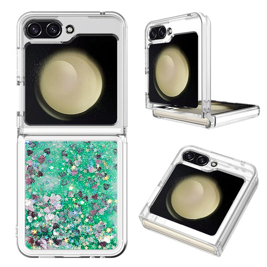For Samsung Galaxy Z Flip7 FE 5G / Z Flip6 5G TPU Case Glitter Quicksand Shockproof Phone Back Cover - Green / Hearts