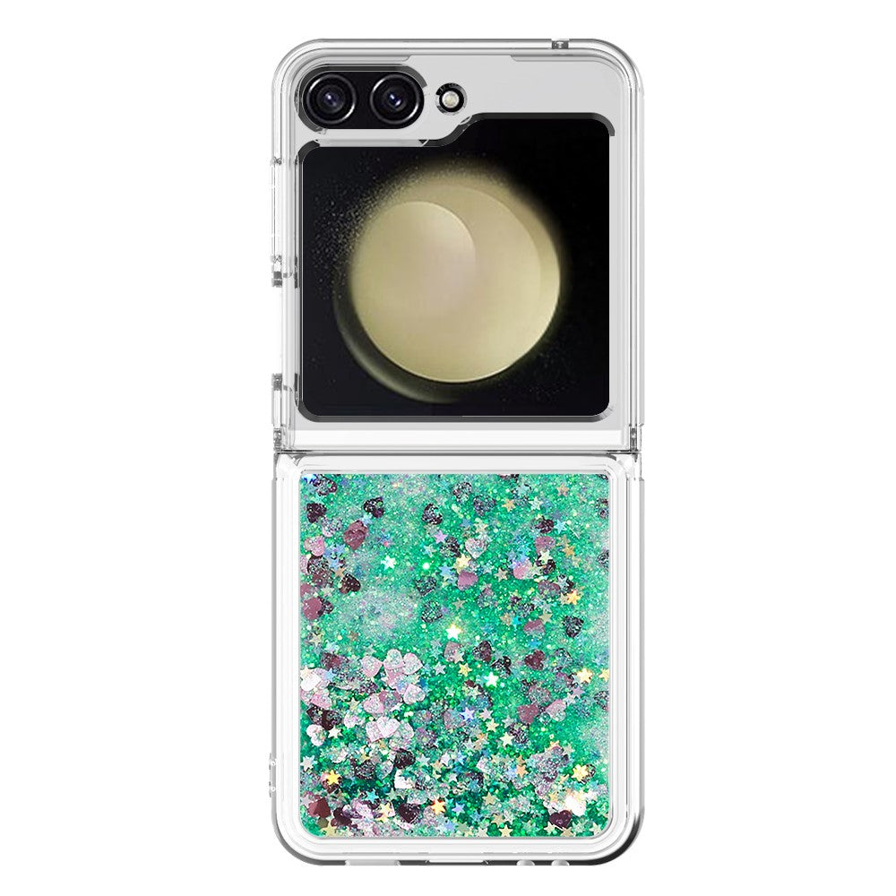 For Samsung Galaxy Z Flip7 FE 5G / Z Flip6 5G TPU Case Glitter Quicksand Shockproof Phone Back Cover - Green / Hearts