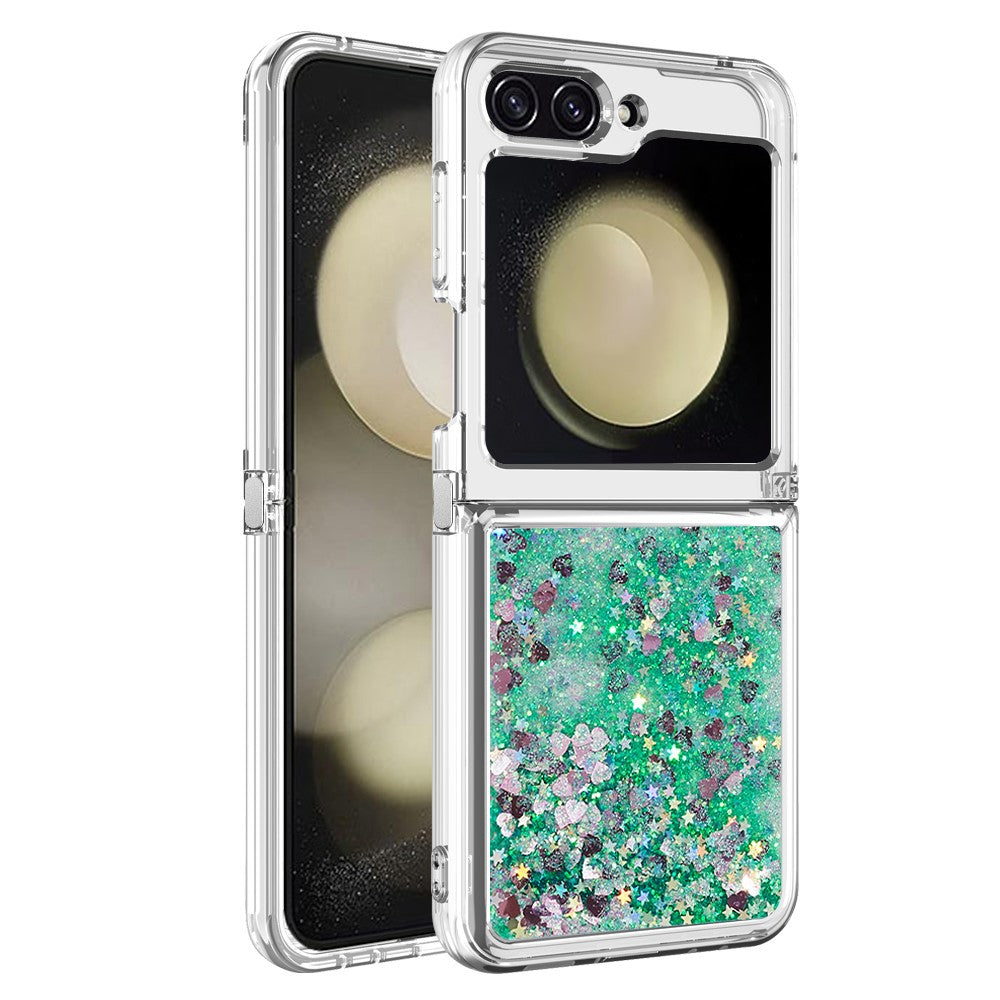 For Samsung Galaxy Z Flip7 FE 5G / Z Flip6 5G TPU Case Glitter Quicksand Shockproof Phone Back Cover - Green / Hearts