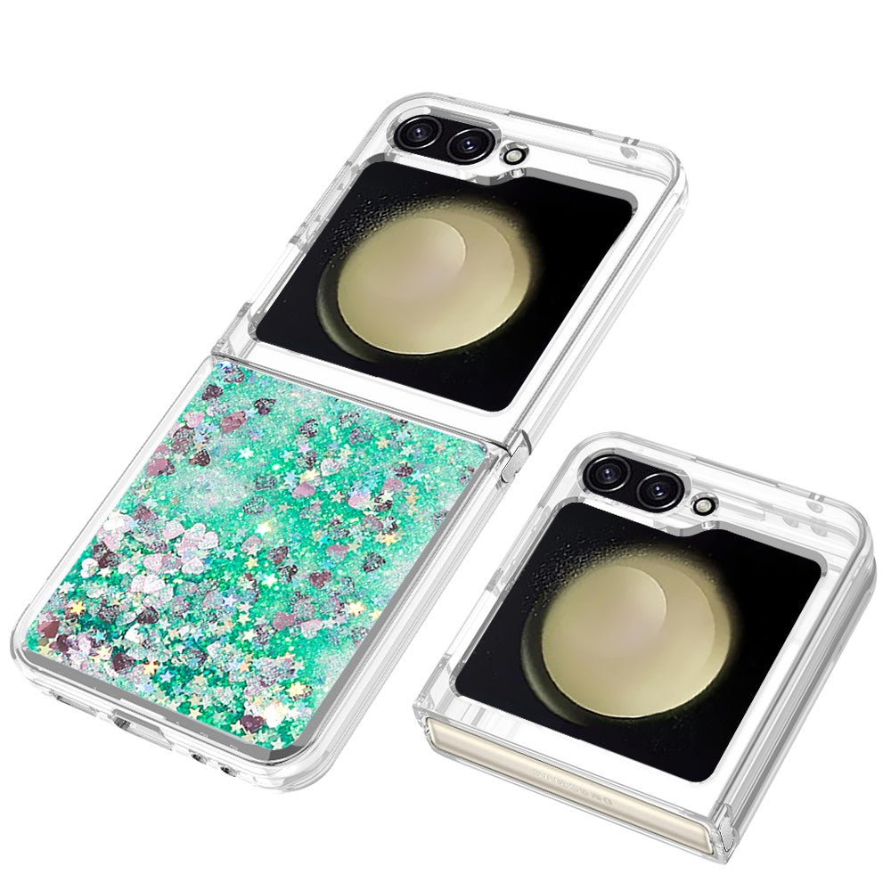 For Samsung Galaxy Z Flip7 FE 5G / Z Flip6 5G TPU Case Glitter Quicksand Shockproof Phone Back Cover - Green / Hearts