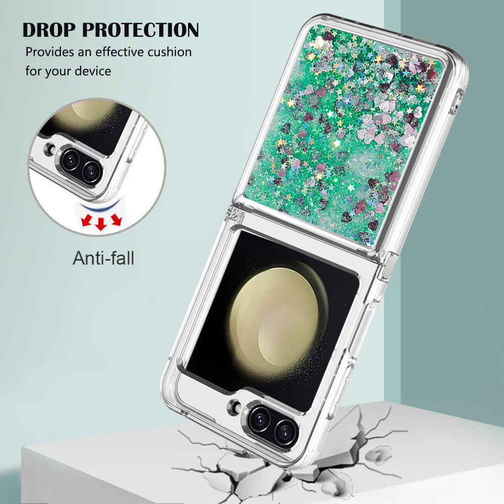 For Samsung Galaxy Z Flip7 FE 5G / Z Flip6 5G TPU Case Glitter Quicksand Shockproof Phone Back Cover - Green / Hearts