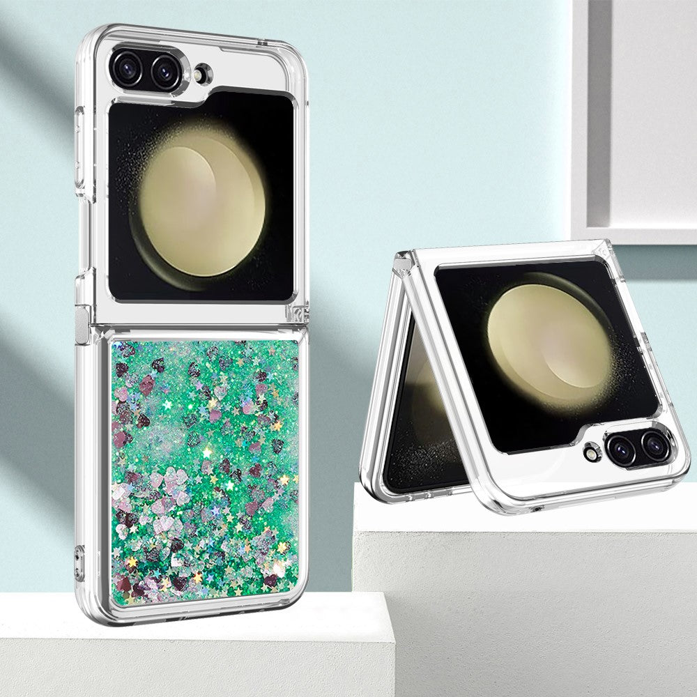 For Samsung Galaxy Z Flip7 FE 5G / Z Flip6 5G TPU Case Glitter Quicksand Shockproof Phone Back Cover - Green / Hearts
