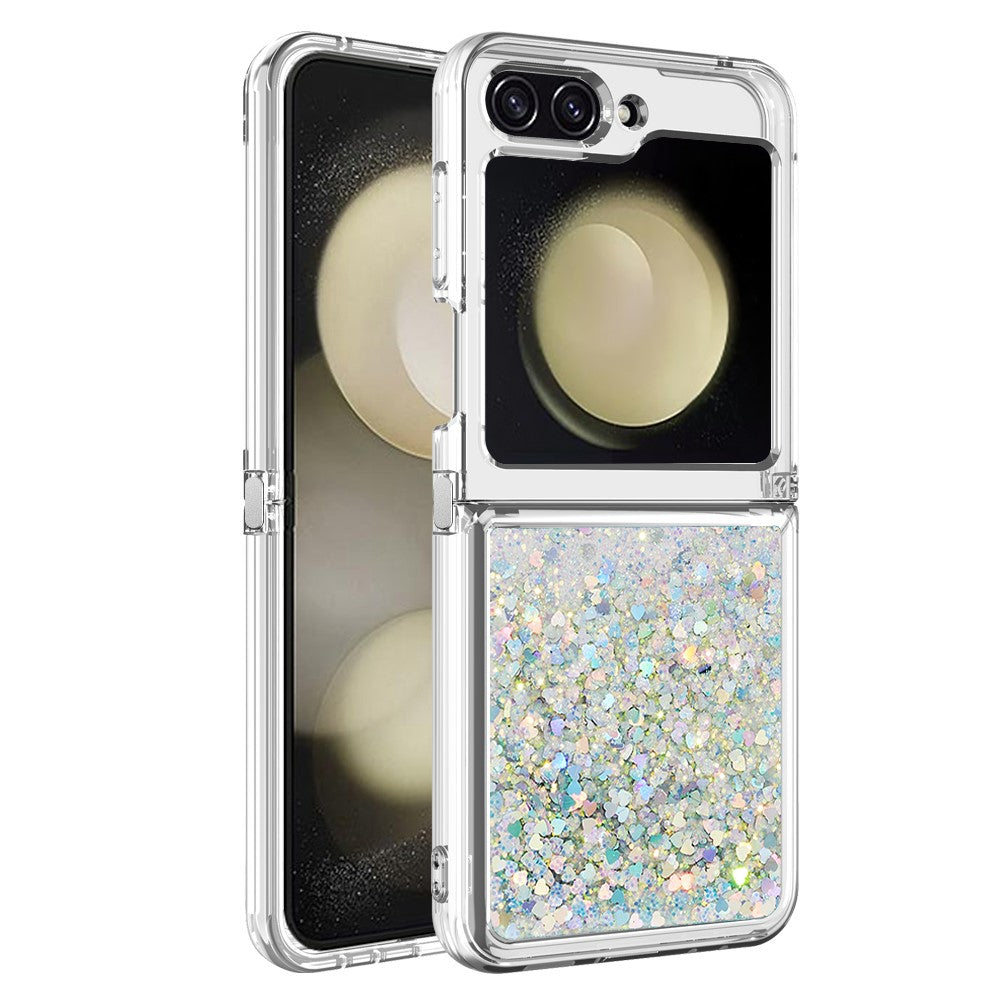 For Samsung Galaxy Z Flip7 FE 5G / Z Flip6 5G TPU Case Glitter Quicksand Shockproof Phone Back Cover - Silver / Hearts