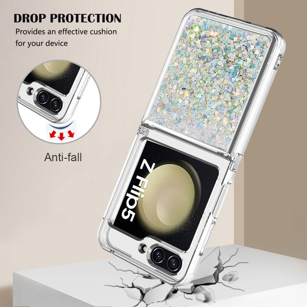 For Samsung Galaxy Z Flip7 FE 5G / Z Flip6 5G TPU Case Glitter Quicksand Shockproof Phone Back Cover - Silver / Hearts