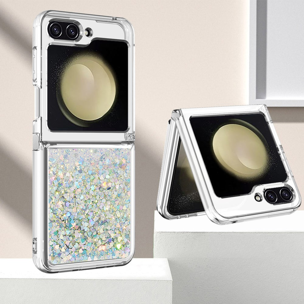 For Samsung Galaxy Z Flip7 FE 5G / Z Flip6 5G TPU Case Glitter Quicksand Shockproof Phone Back Cover - Silver / Hearts