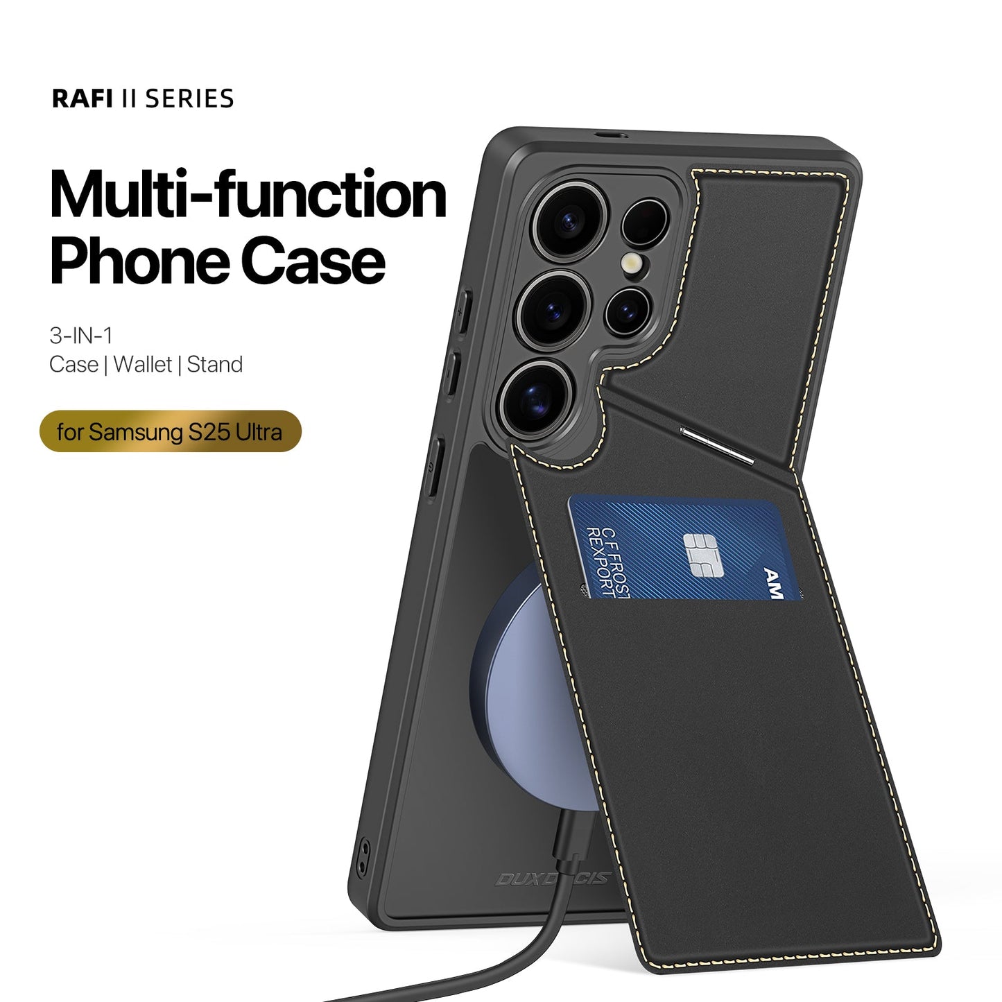 For Samsung Galaxy S25 Ultra Case DUX DUCIS Rafi II Series Magnetic Case Kickstand Card Slots Leather+TPU Phone Cover - Black