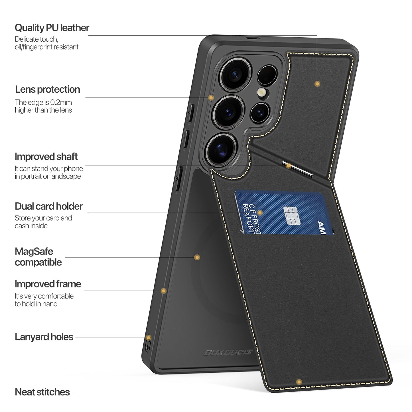 For Samsung Galaxy S25 Ultra Case DUX DUCIS Rafi II Series Magnetic Case Kickstand Card Slots Leather+TPU Phone Cover - Black