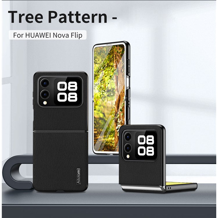 For Huawei nova Flip 5G Case Wood Texture PU Leather Coated PC+TPU Phone Cover - Black