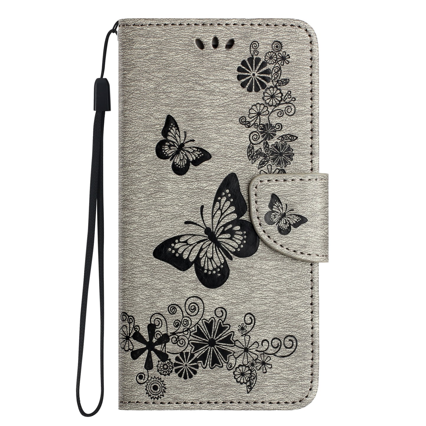 For Samsung Galaxy A06 Case Butterflies Flower Leather Wallet Flip Phone Cover - Grey