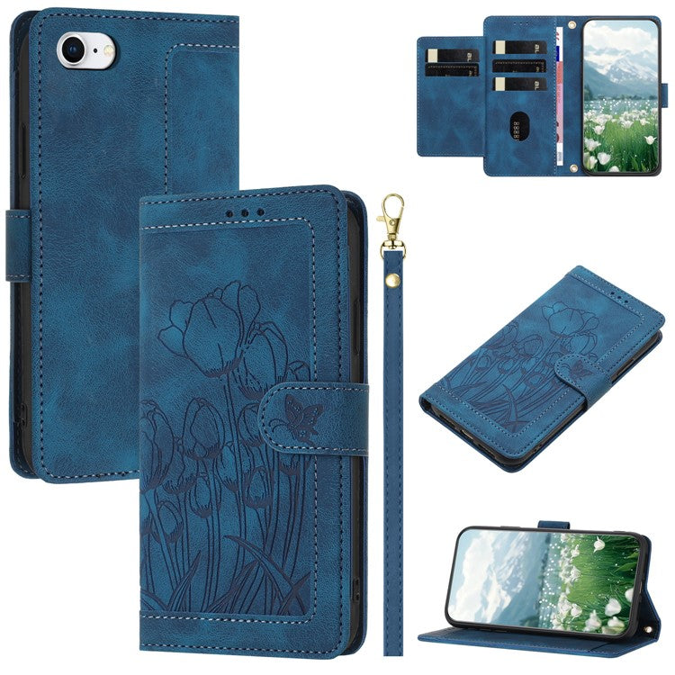 For iPhone 16e Case Tulip Leather Phone Cover with 5 Card Slots Wallet - Blue