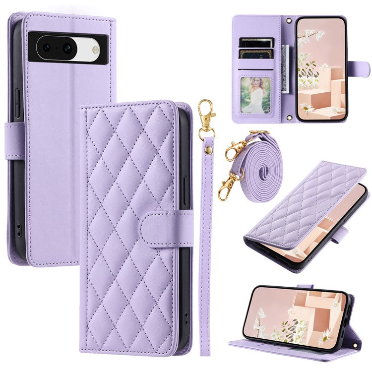 For Google Pixel 8a Wallet Case Rhombus Grid PU Leather Phone Cover - Purple