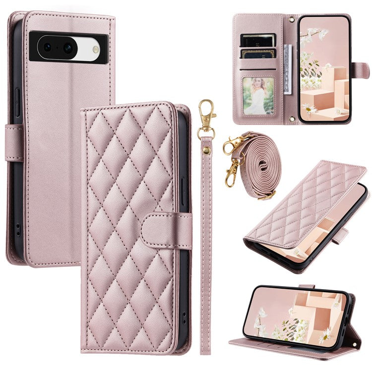 For Google Pixel 8a Wallet Case Rhombus Grid PU Leather Phone Cover - Rose Gold