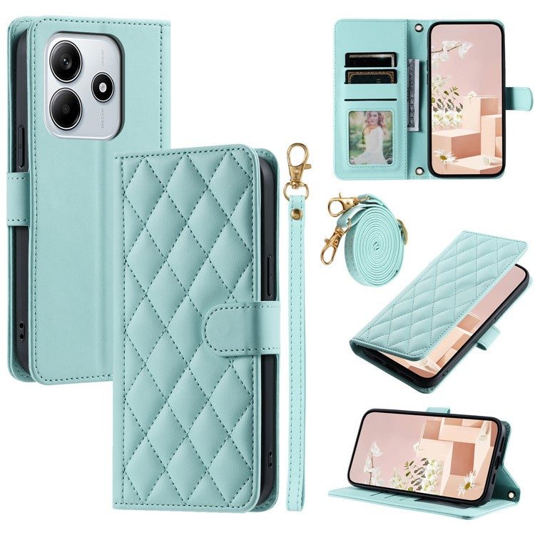 For Xiaomi Redmi Note 14 5G Wallet Case Rhombus Grid PU Leather Phone Cover - Mint Green