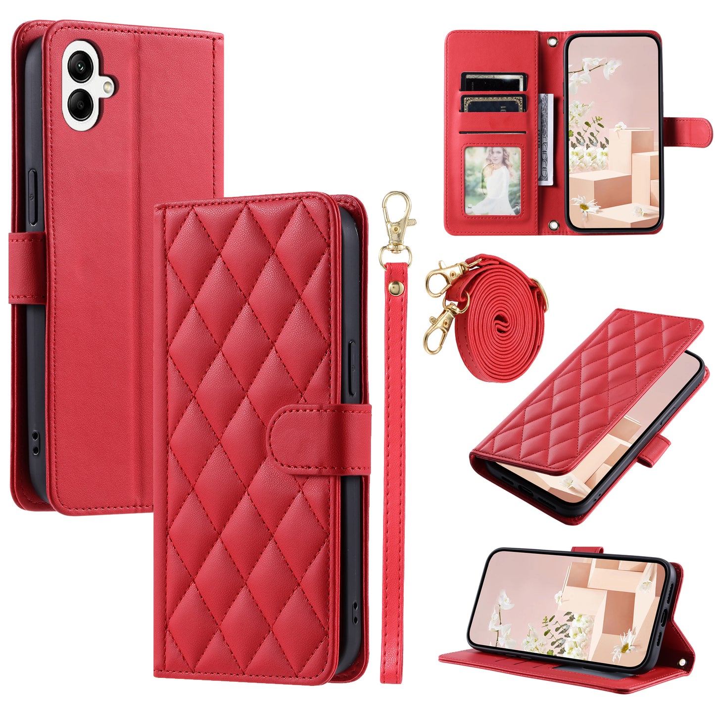 For Samsung Galaxy A06 Wallet Case Rhombus Grid PU Leather Phone Cover - Red