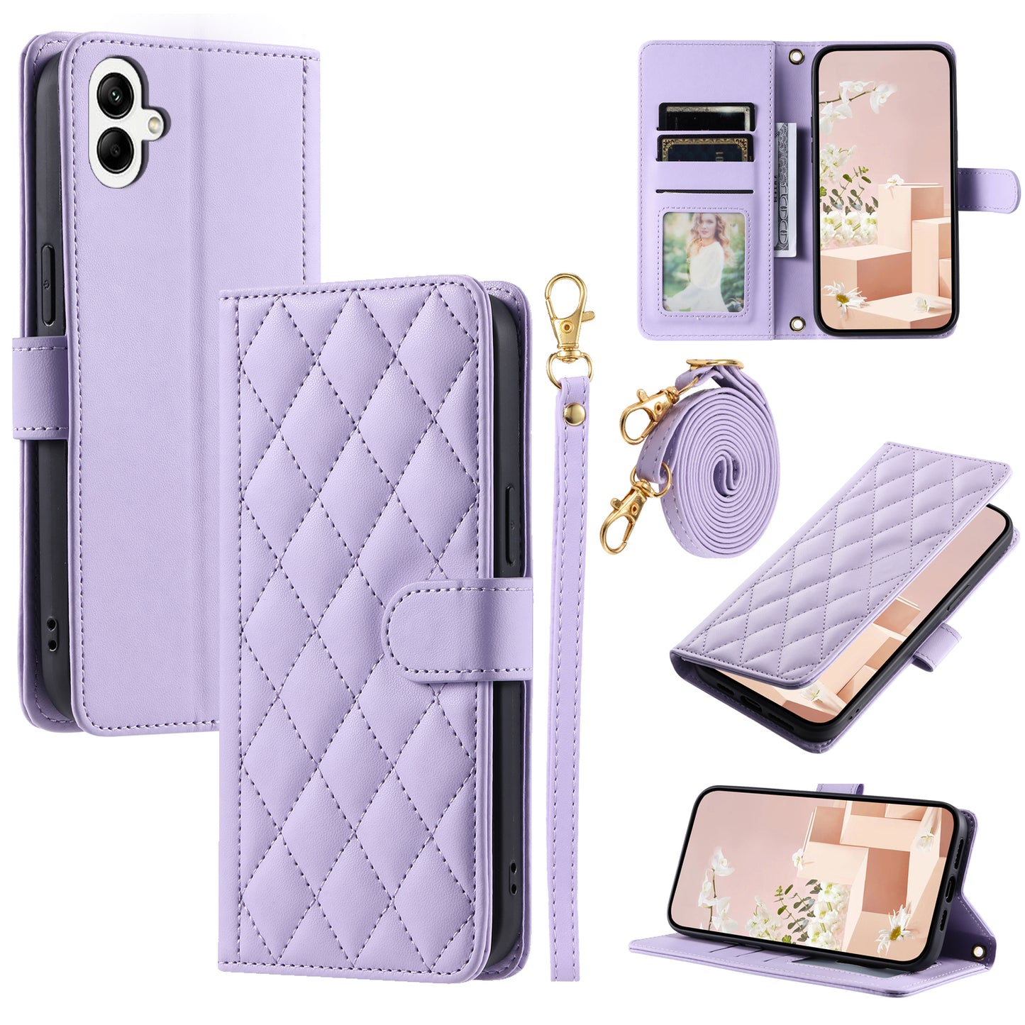 For Samsung Galaxy A06 Wallet Case Rhombus Grid PU Leather Phone Cover - Purple