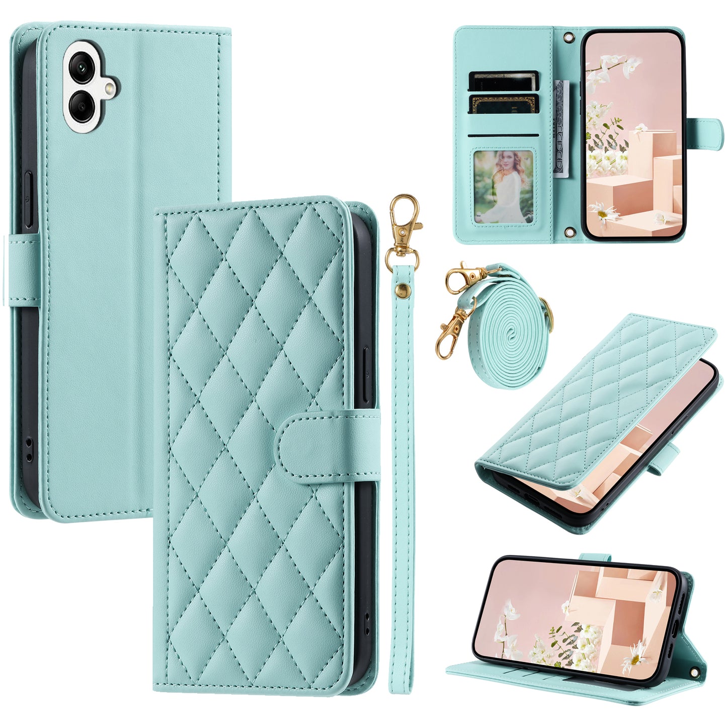 For Samsung Galaxy A06 Wallet Case Rhombus Grid PU Leather Phone Cover - Mint Green