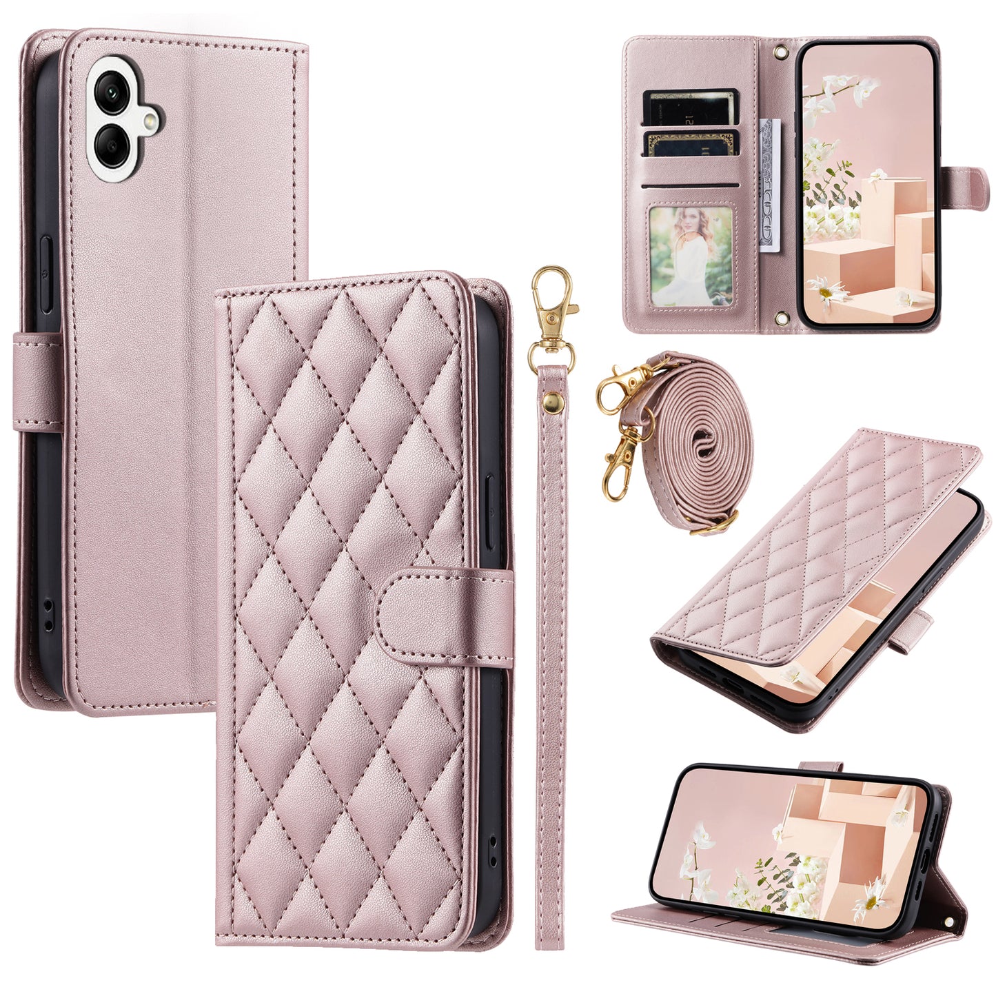 For Samsung Galaxy A06 Wallet Case Rhombus Grid PU Leather Phone Cover - Rose Gold