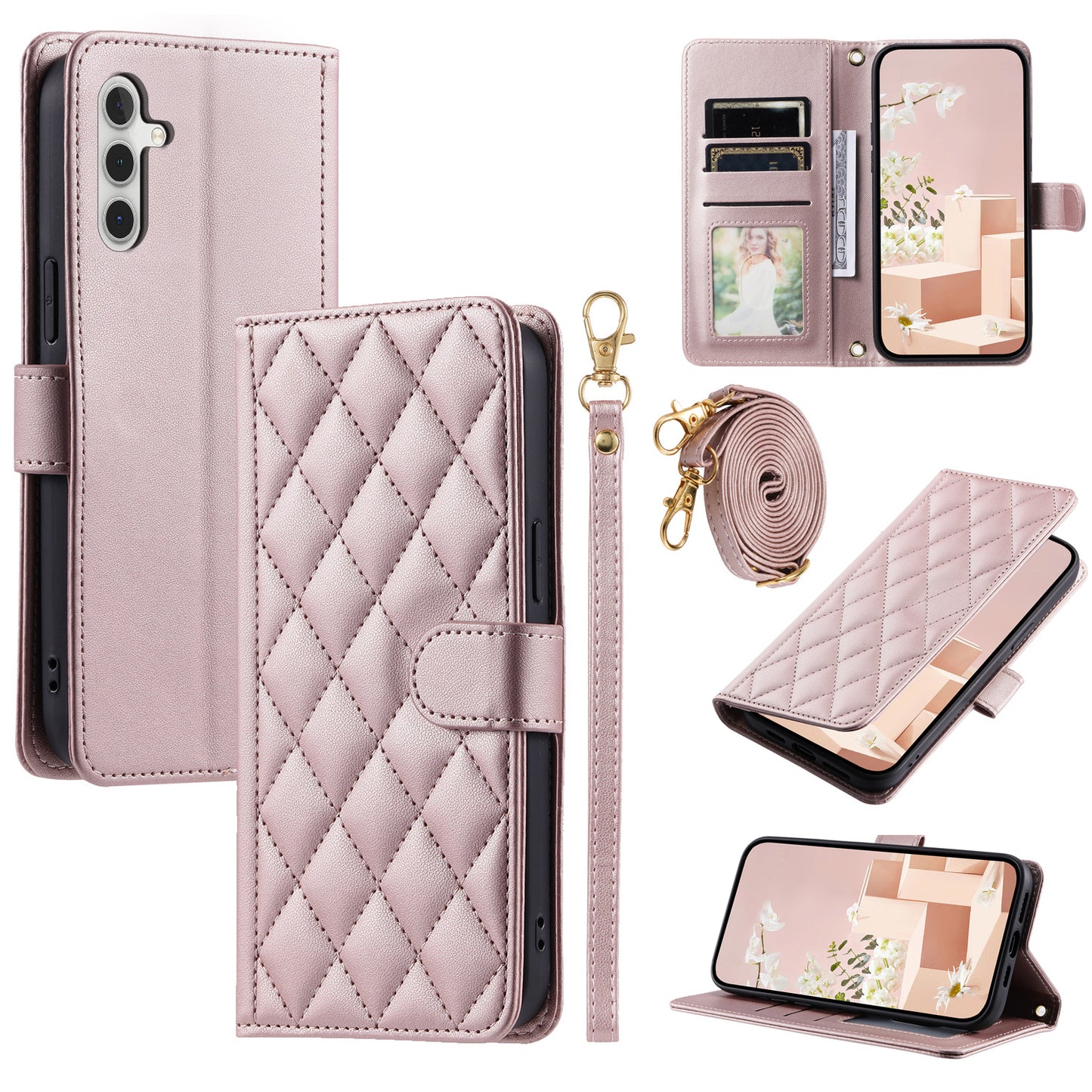 For Samsung Galaxy A16 4G / 5G Wallet Case Rhombus Grid PU Leather Phone Cover - Rose Gold