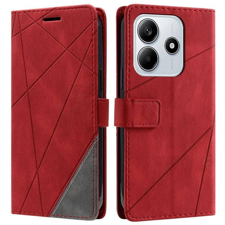 For Xiaomi Redmi Note 14 5G Case Imprinted Lines PU Leather Splicing Wallet Phone Cover - Red