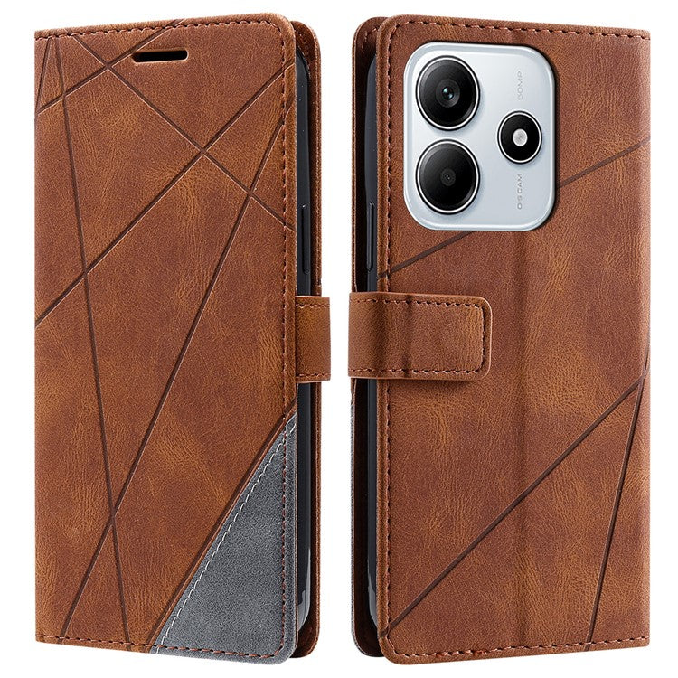 For Xiaomi Redmi Note 14 5G Case Imprinted Lines PU Leather Splicing Wallet Phone Cover - Brown