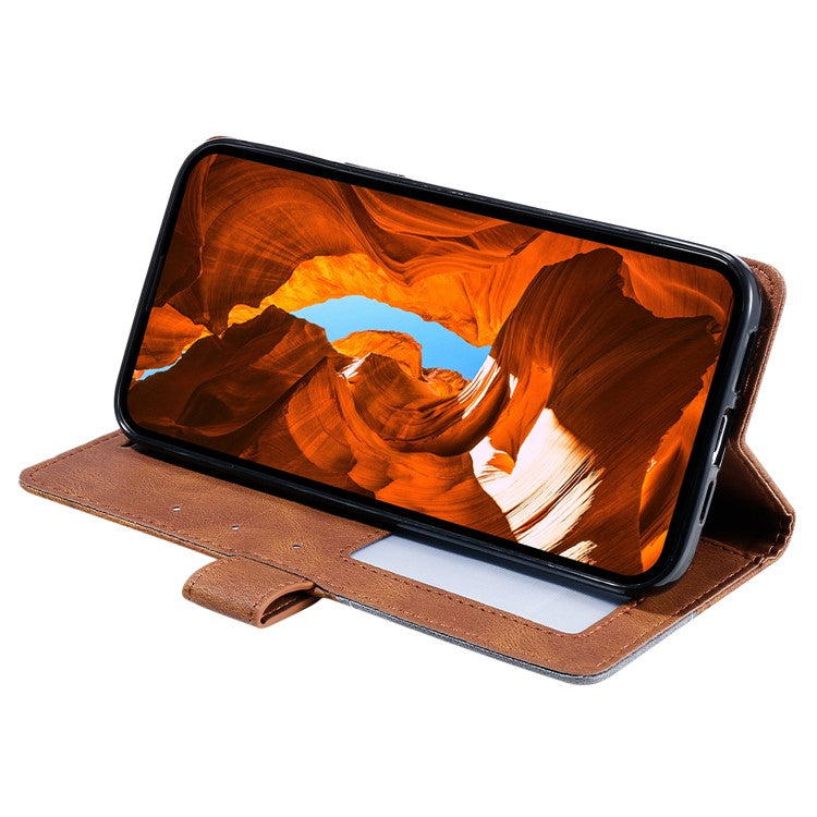 For Xiaomi Redmi Note 14 5G Case Imprinted Lines PU Leather Splicing Wallet Phone Cover - Brown