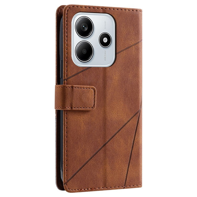 For Xiaomi Redmi Note 14 5G Case Imprinted Lines PU Leather Splicing Wallet Phone Cover - Brown
