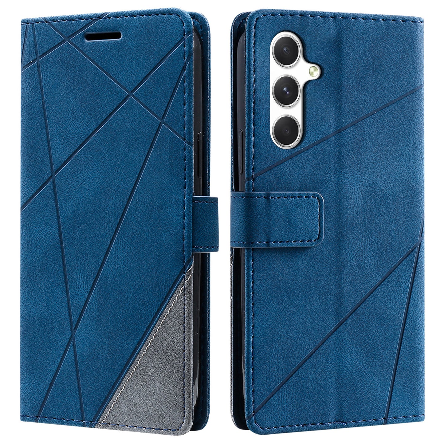 For Samsung Galaxy A16 4G / 5G Case Imprinted Lines PU Leather Splicing Wallet Phone Cover - Blue
