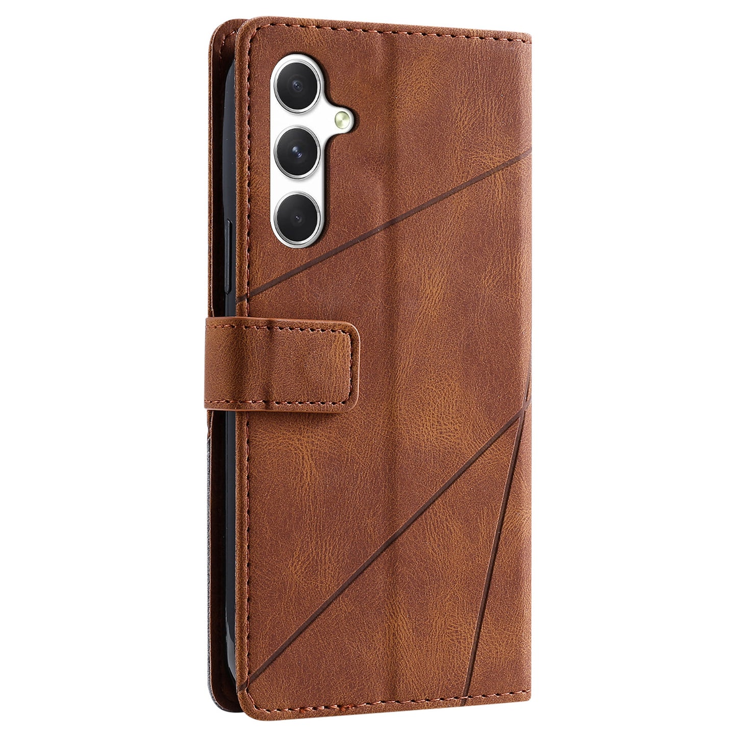 For Samsung Galaxy A16 4G / 5G Case Imprinted Lines PU Leather Splicing Wallet Phone Cover - Brown