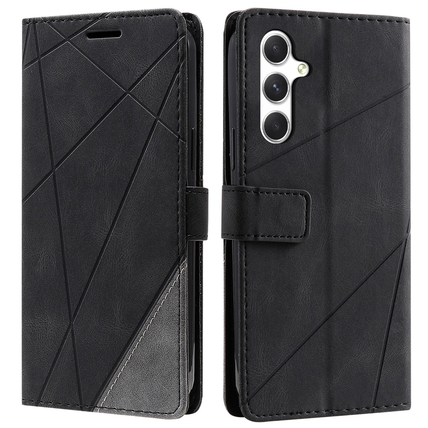 For Samsung Galaxy A16 4G / 5G Case Imprinted Lines PU Leather Splicing Wallet Phone Cover - Black