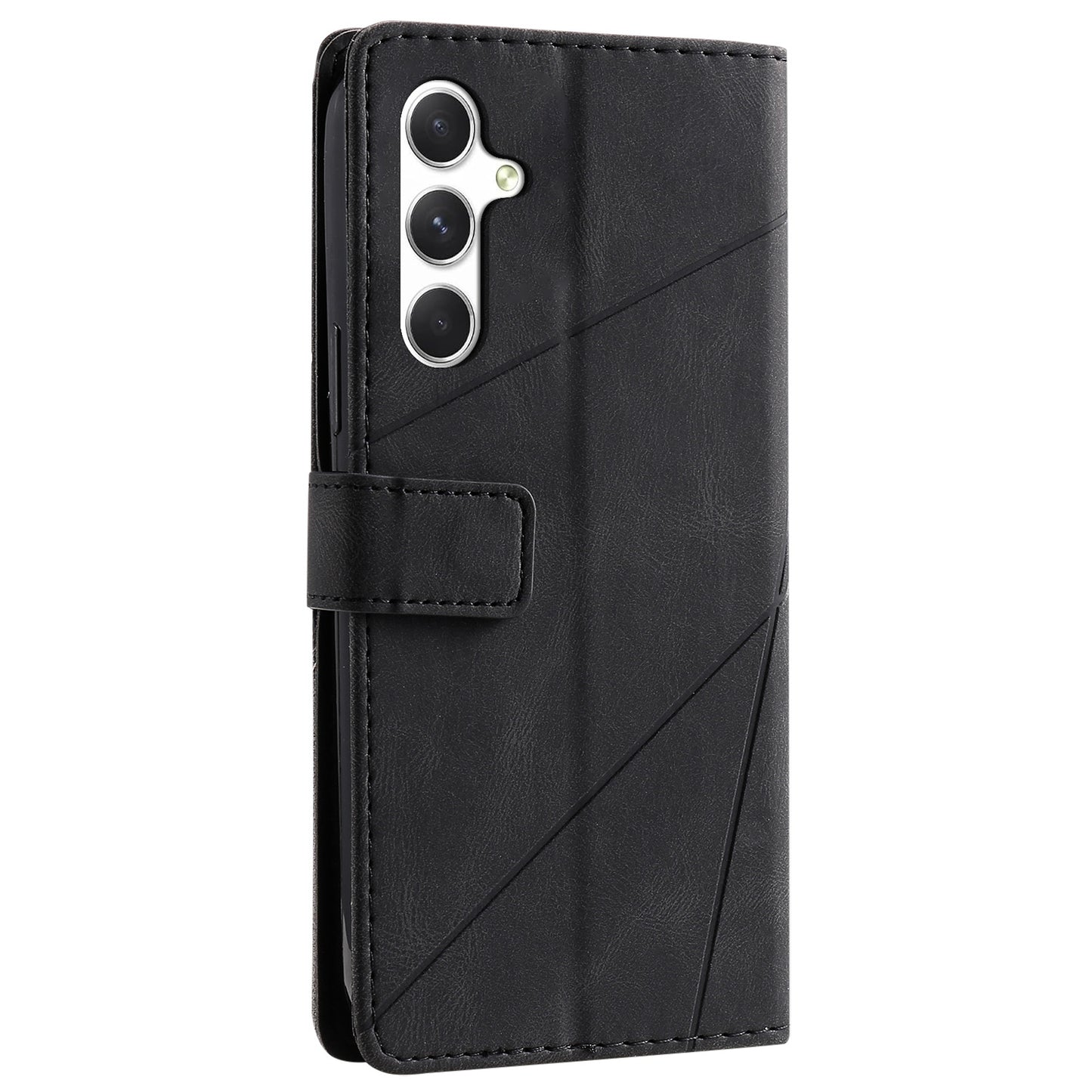 For Samsung Galaxy A16 4G / 5G Case Imprinted Lines PU Leather Splicing Wallet Phone Cover - Black