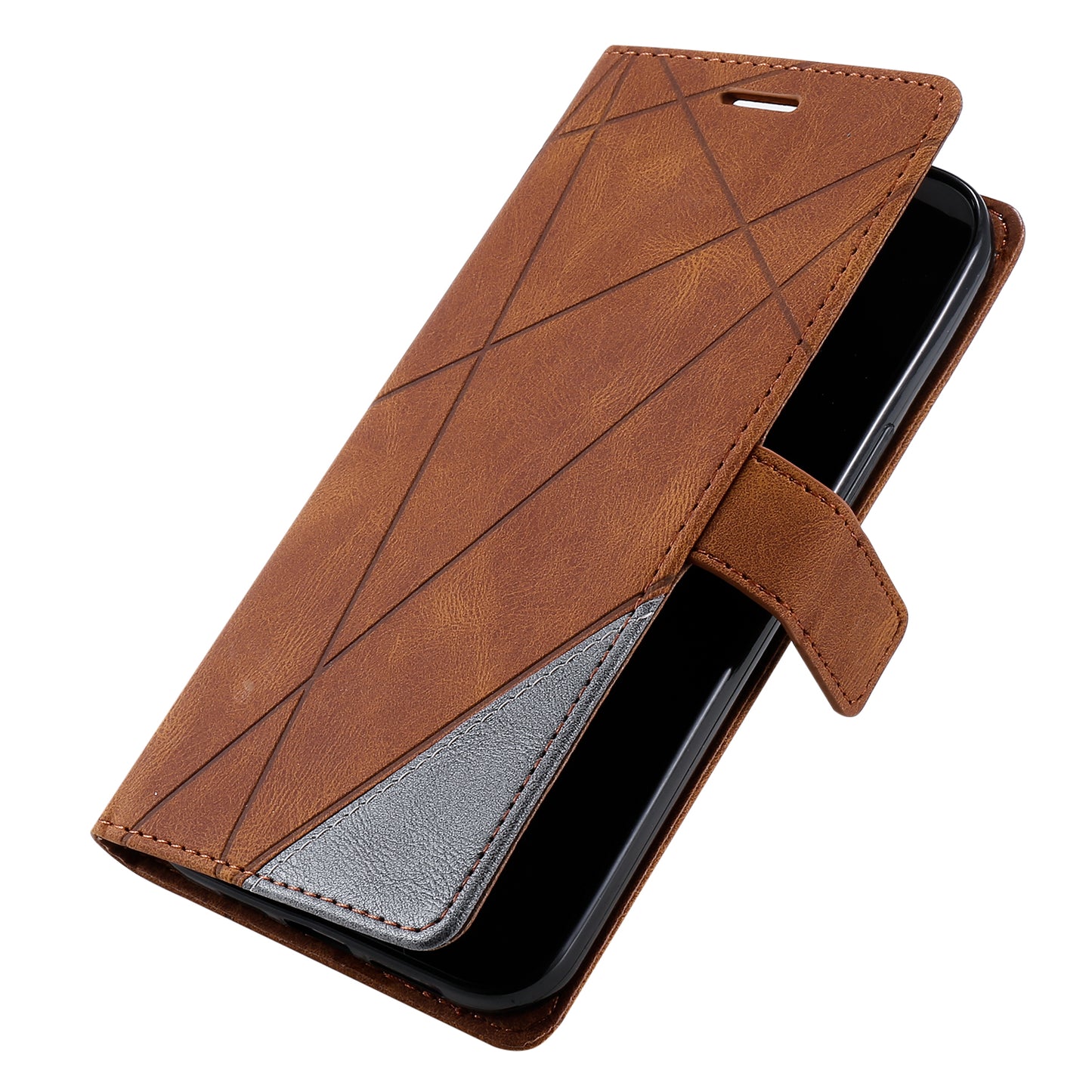 For Samsung Galaxy A06 Case Imprinted Lines PU Leather Splicing Wallet Phone Cover - Brown