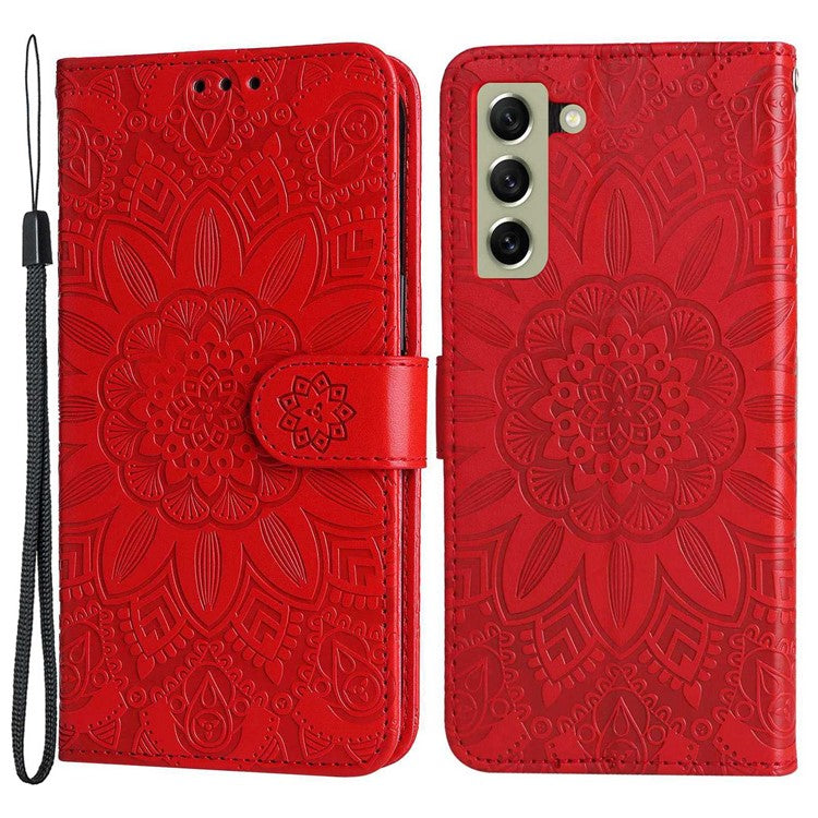 For Samsung Galaxy S21 FE 5G Sunflower Imprinted PU Leather Flip Wallet Case Stand Feature Magnetic Closure Phone Cover with Strap - Red