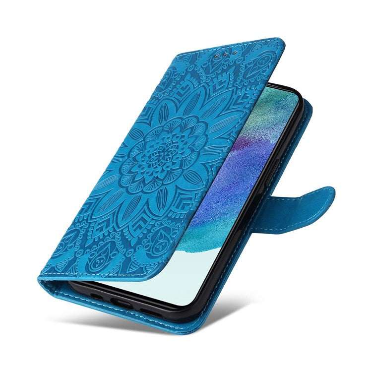 For Samsung Galaxy S21 FE 5G Sunflower Imprinted PU Leather Flip Wallet Case Stand Feature Magnetic Closure Phone Cover with Strap - Blue