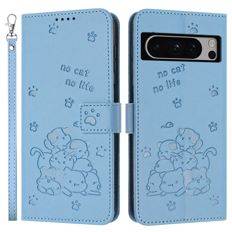 For Google Pixel 8 Pro Case with Strap Cats Imprint Leather Wallet Phone Cover - Blue