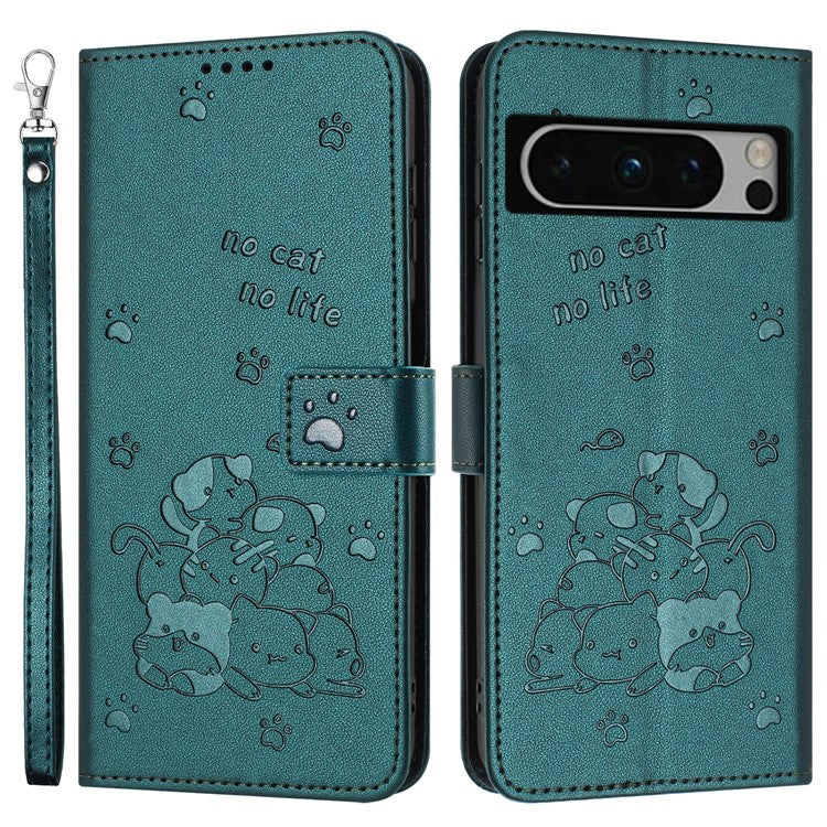 For Google Pixel 8 Pro Case with Strap Cats Imprint Leather Wallet Phone Cover - Blackish Green