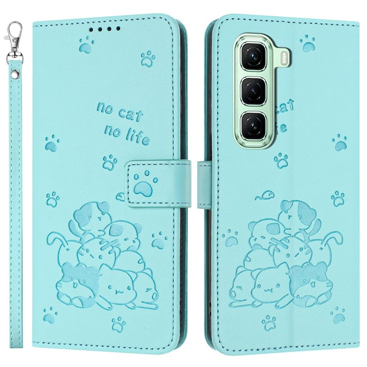 For Infinix Hot 50 5G Case with Strap Cats Imprint Leather Wallet Phone Cover - Green