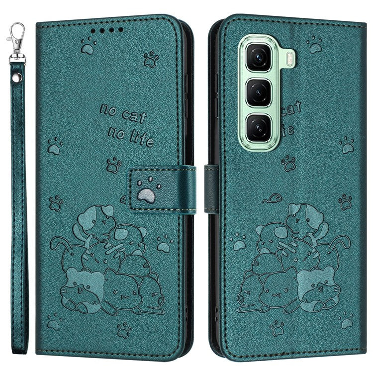For Infinix Hot 50 5G Case with Strap Cats Imprint Leather Wallet Phone Cover - Blackish Green