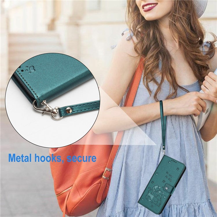 For Infinix Hot 50 5G Case with Strap Cats Imprint Leather Wallet Phone Cover - Blackish Green