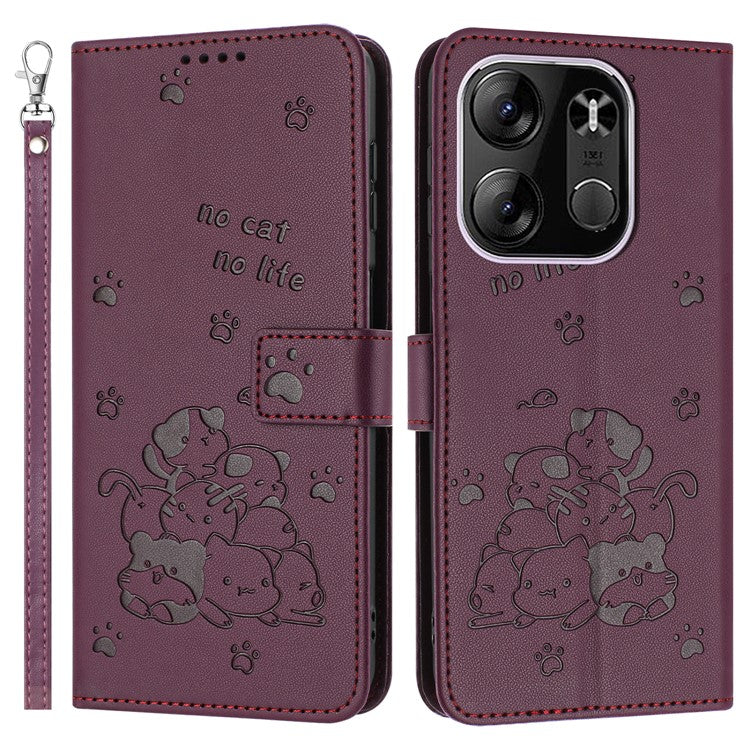 Cats Imprint Leather Case For TECNO Spark Go 2023 4G  /  Pop 7 Pro 4G  /  Pop 7  /  Infinix Smart 7 (India) 4G  /  Smart 7  /  Smart 7 HD - Wine Red
